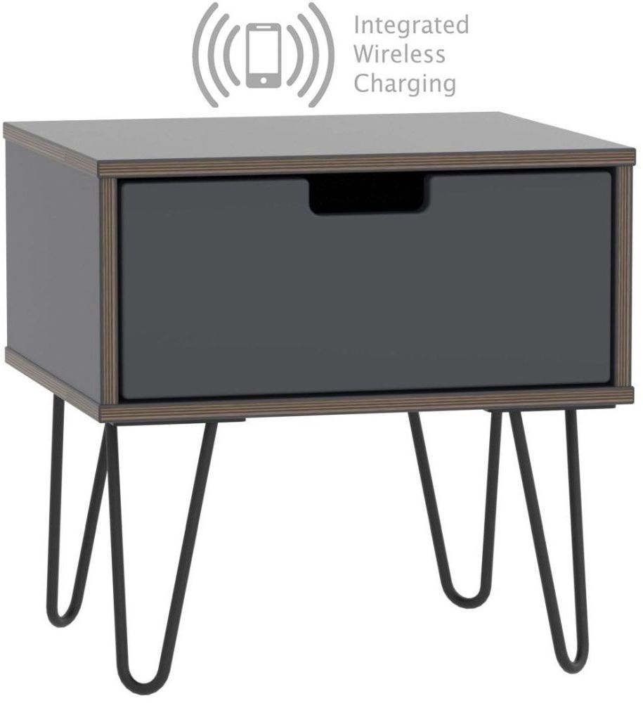 Shanghai Graphite 1 Door Bedside Cabinet With Hairpin Legs And Integrated Wireless Charging