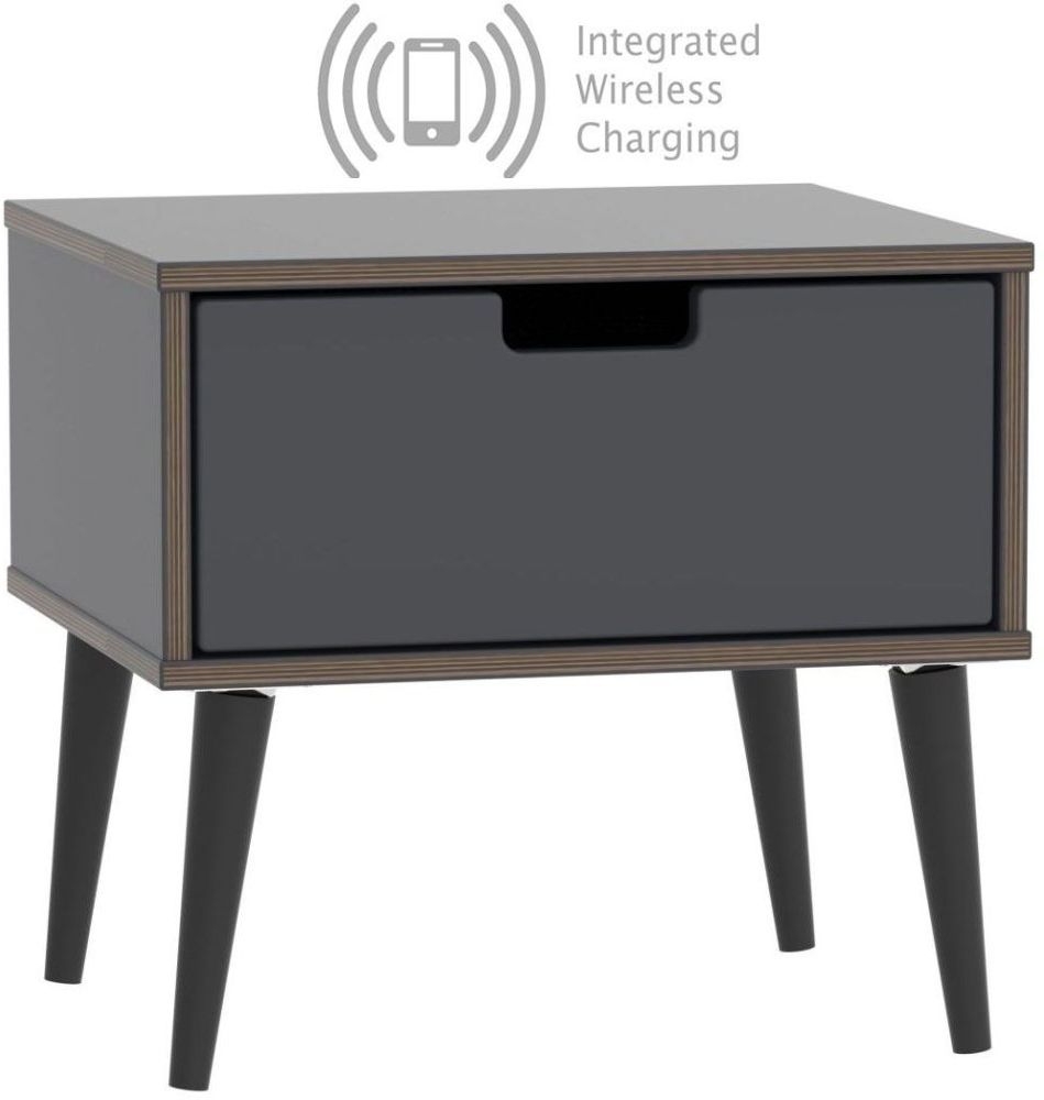 Shanghai Graphite 1 Door Bedside Cabinet With Wooden Legs And Integrated Wireless Charging