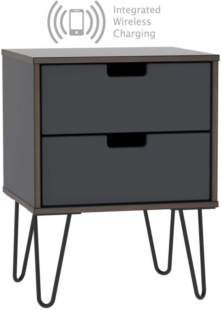 Shanghai Graphite 2 Door Bedside Cabinet With Hairpin Legs And Integrated Wireless Charging