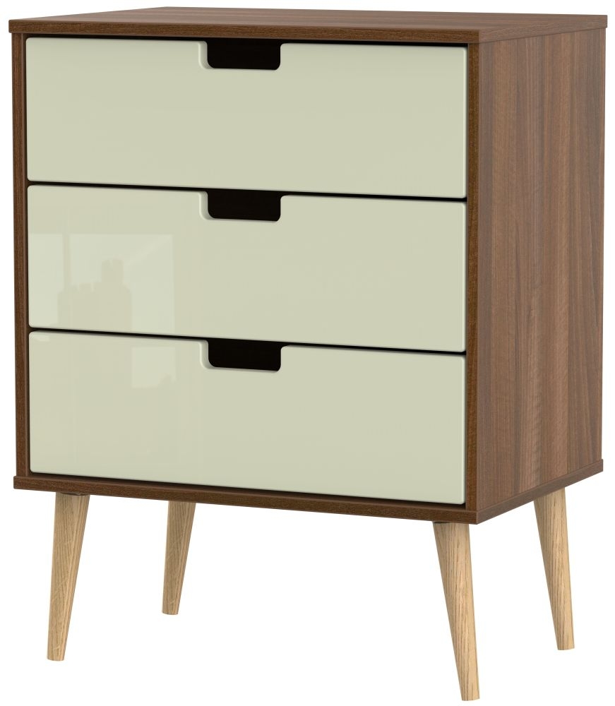 Shanghai 3 Drawer Midi Chest With Natural Legs High Gloss Cream And Noche Walnut