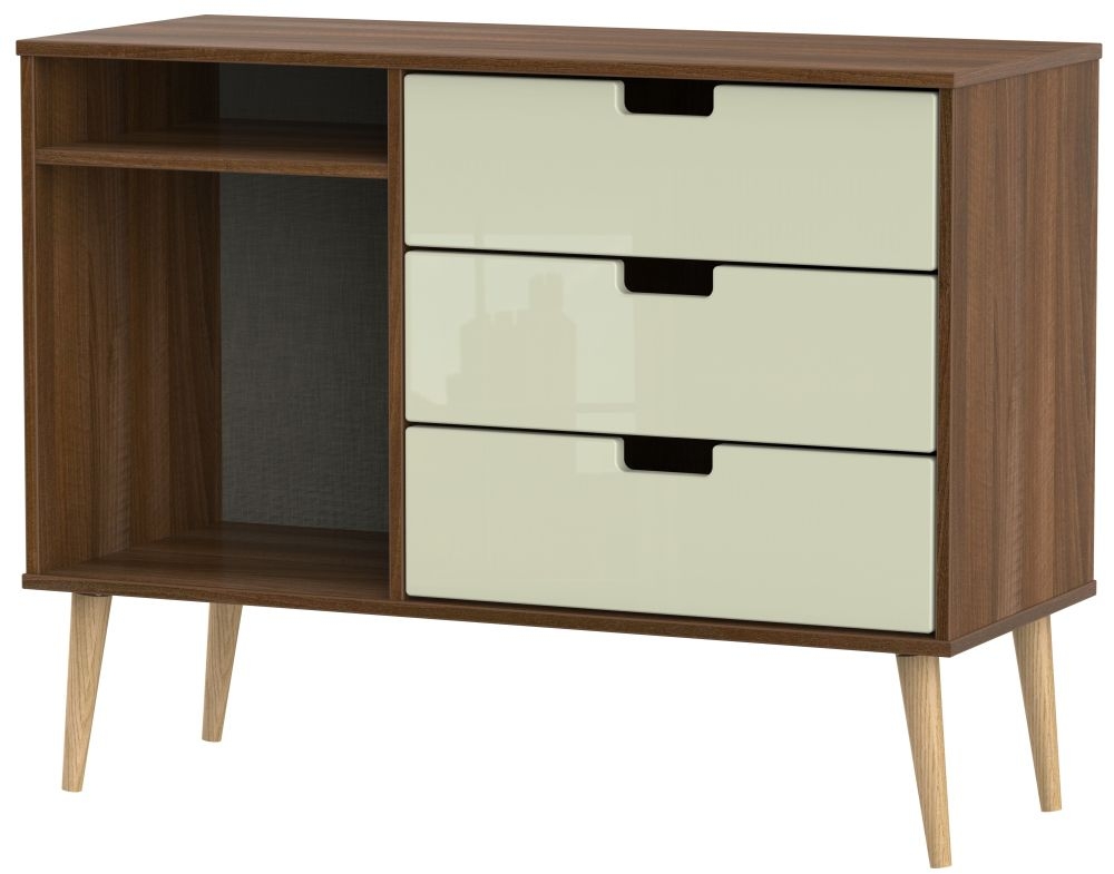 Shanghai 3 Drawer Tv Unit With Natural Legs High Gloss Cream And Noche Walnut