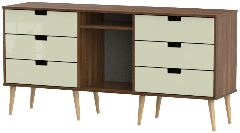 Shanghai 6 Drawer Tv Unit With Natural Legs High Gloss Cream And Noche Walnut