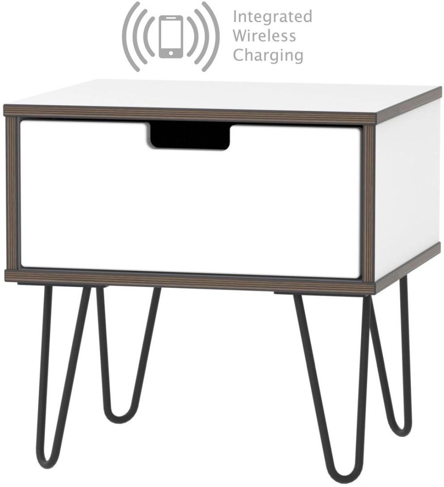 Shanghai High Gloss White 1 Drawer Bedside Cabinet With Hairpin Legs And Integrated Wireless Charging
