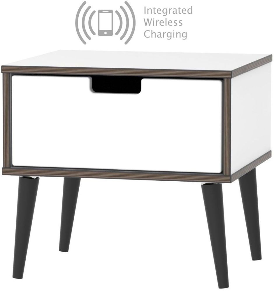 Shanghai High Gloss White 1 Drawer Bedside Cabinet With Wooden Legs And Integrated Wireless Charging