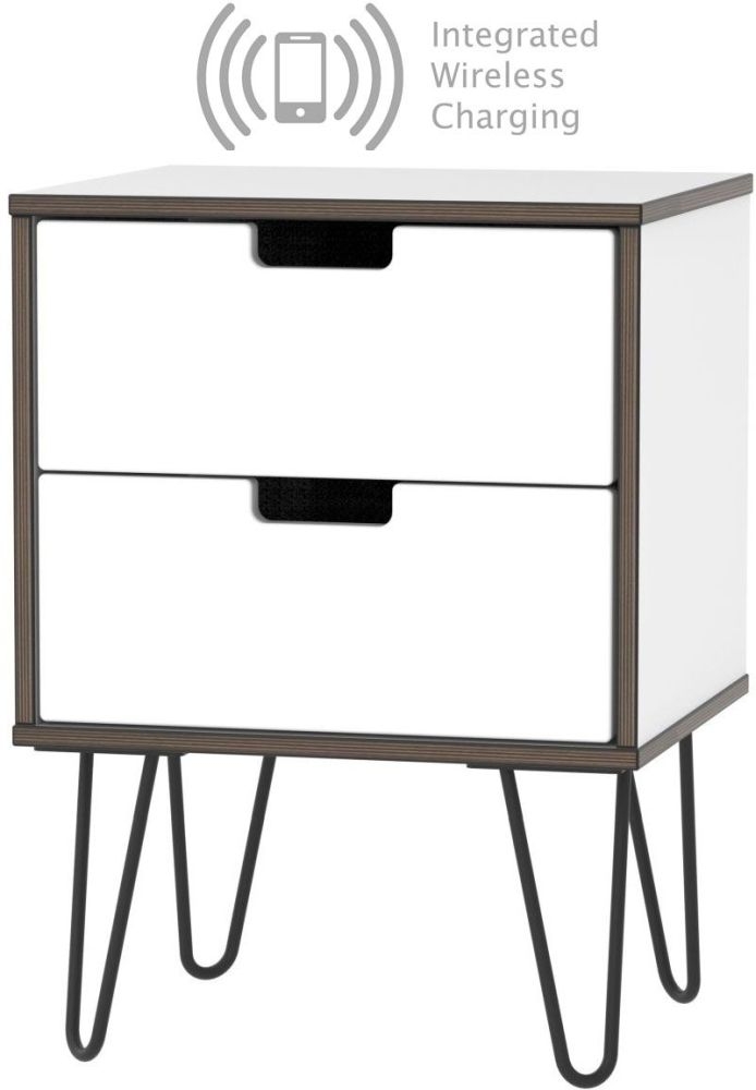 Shanghai High Gloss White 2 Drawer Bedside Cabinet With Hairpin Legs And Integrated Wireless Charging