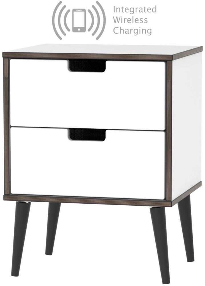 Shanghai High Gloss White 2 Drawer Bedside Cabinet With Wooden Legs And Integrated Wireless Charging