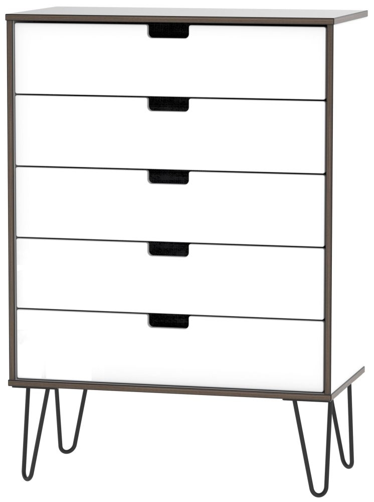 Shanghai High Gloss White 5 Drawer Chest With Hairpin Legs