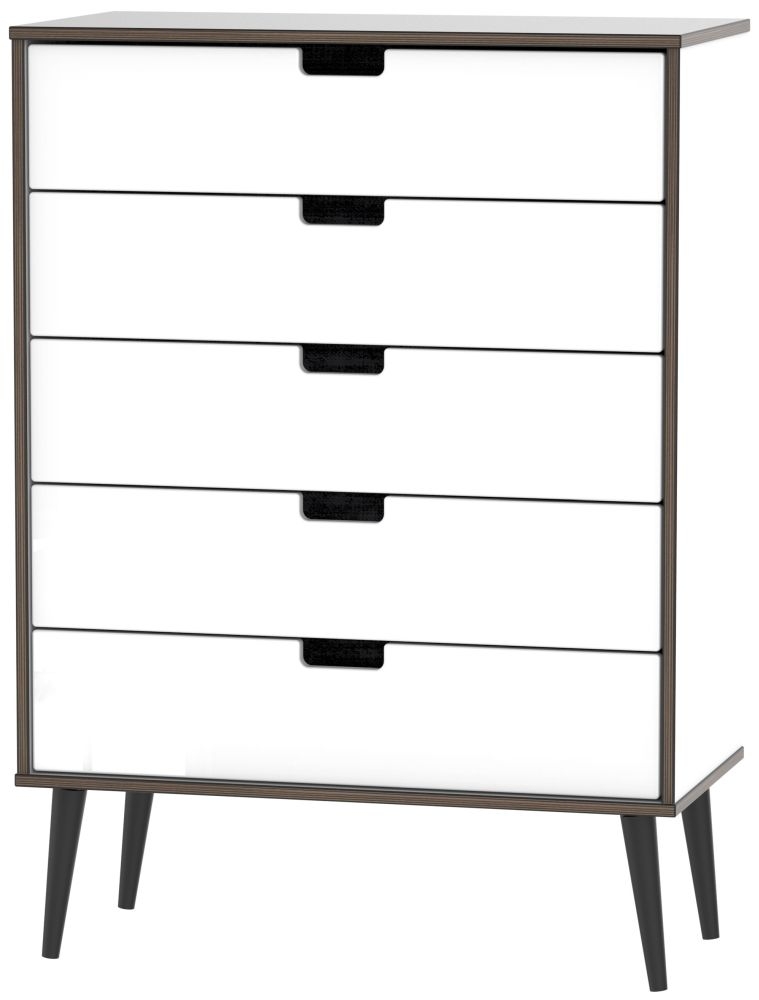 Shanghai High Gloss White 5 Drawer Chest With Wooden Legs