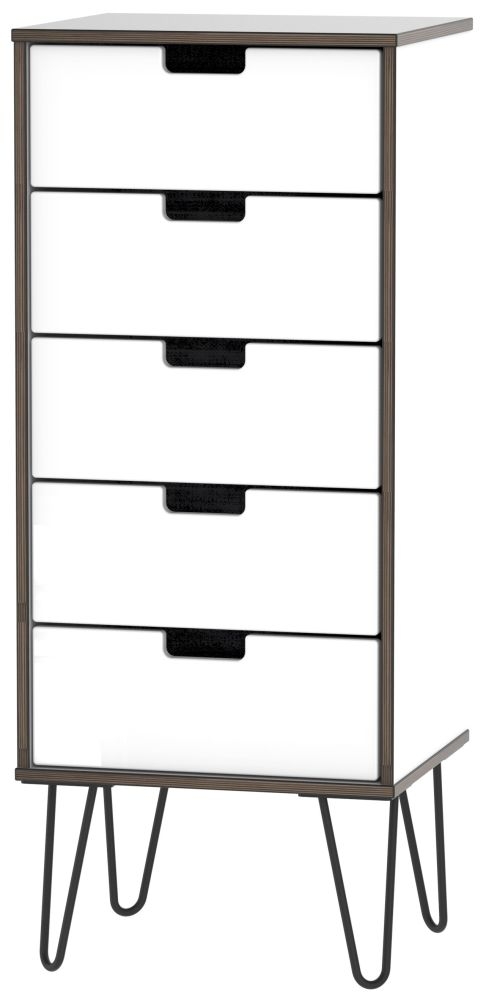 Shanghai High Gloss White 5 Drawer Slim Chest With Hairpin Legs