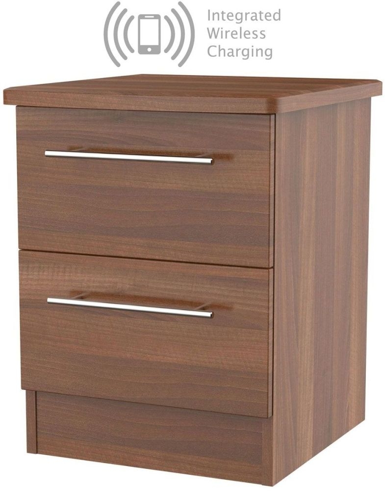Sherwood Noche Walnut 2 Drawer Bedside Cabinet With Integrated Wireless Charging