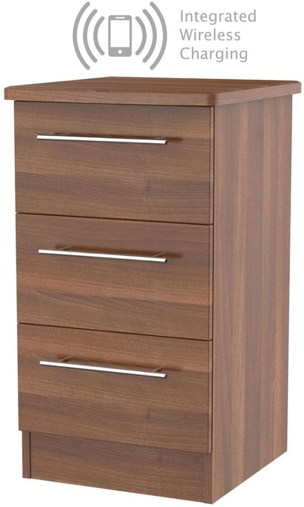 Sherwood Noche Walnut 3 Drawer Bedside Cabinet With Integrated Wireless Charging