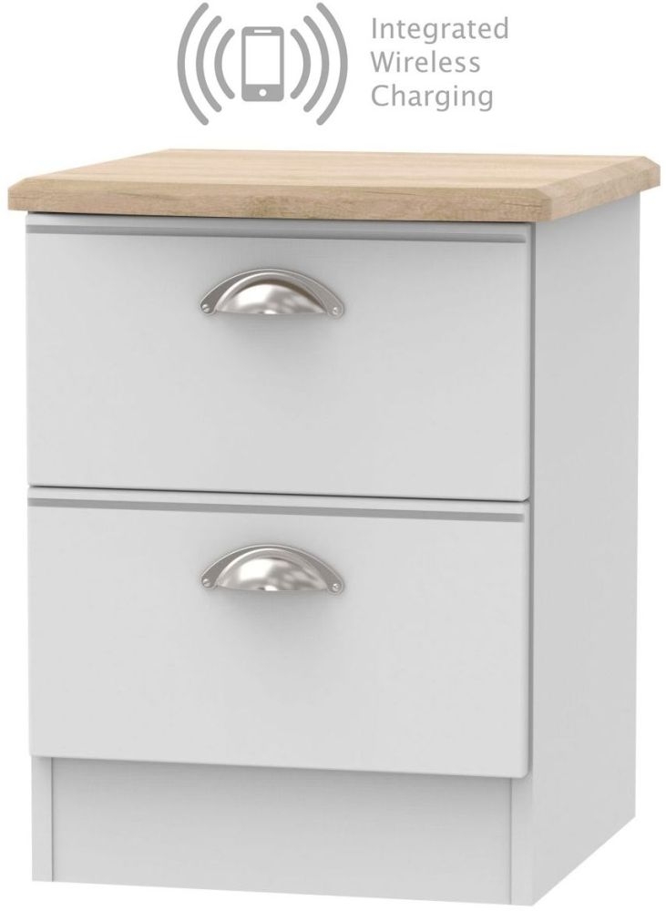 Victoria 2 Drawer Bedside Cabinet With Integrated Wireless Charging Grey Matt And Riviera Oak