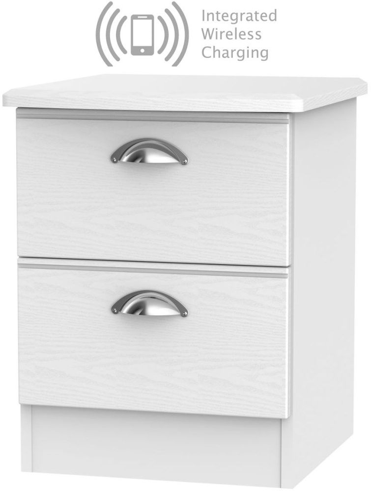 Victoria White Ash 2 Drawer Bedside Cabinet With Integrated Wireless Charging