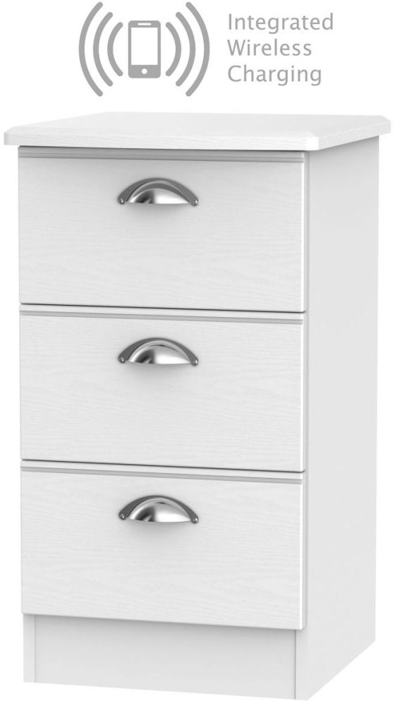Victoria White Ash 3 Drawer Bedside Cabinet With Integrated Wireless Charging