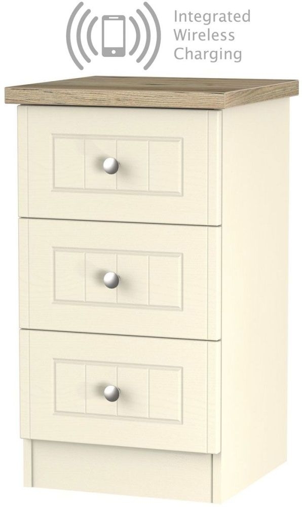Vienna Cream Ash 3 Drawer Bedside Cabinet With Integrated Wireless Charging