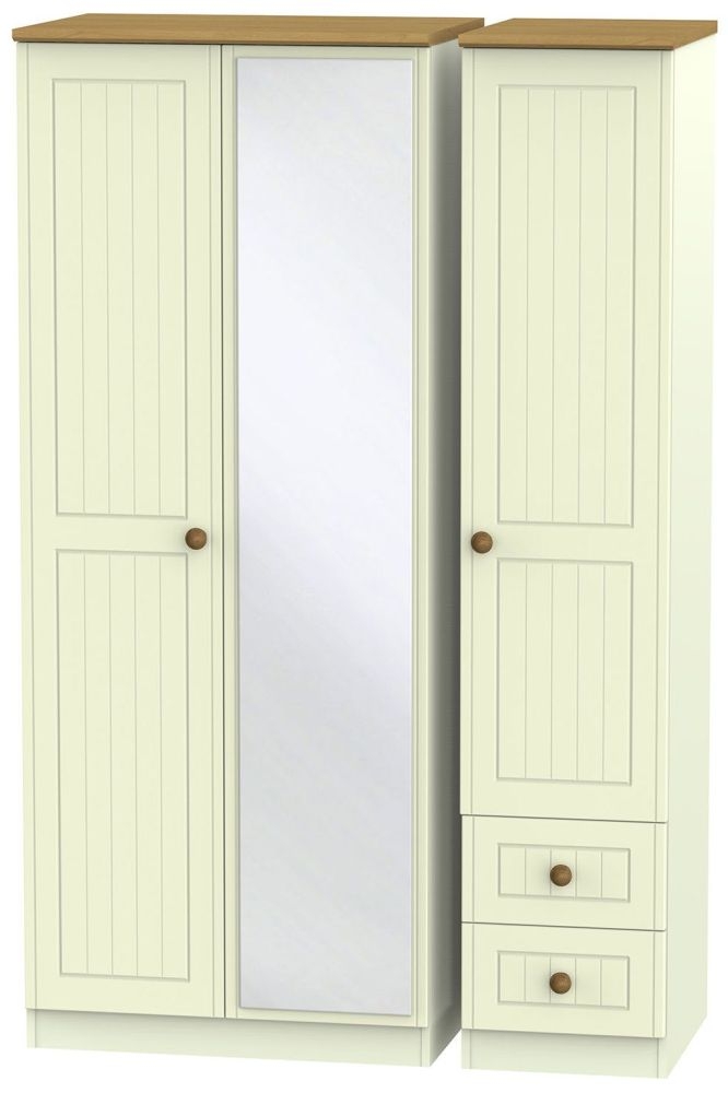 Warwick Cream And Oak 3 Door 2 Right Drawer Mirror Wardrobe