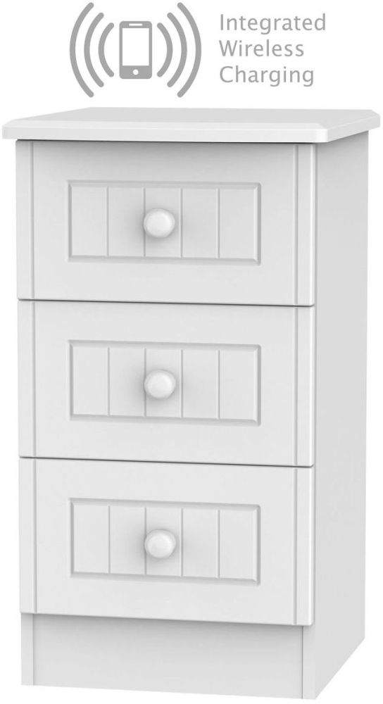Warwick White 3 Drawer Bedside Cabinet With Integrated Wireless Charging