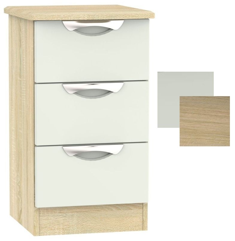 Camden 3 Drawer Bedside Cabinet High Gloss Kaschmir And Light Oak Clearance P11