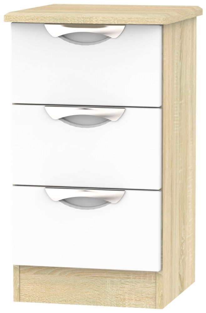 Camden 3 Drawer Bedside Cabinet High Gloss White And Bardolino Clearance P73