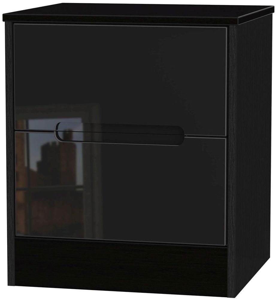 Monaco High Gloss Black 2 Drawer Bedside Cabinet Clearance P72