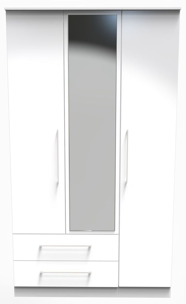 Worcester White Gloss 3 Door 2 Drawer Tall Mirror Wardrobe