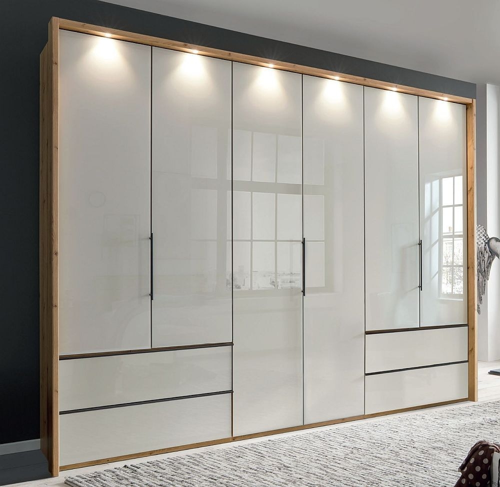 Wiemann Asmara Bianco Oak And Pebble Grey Glass 6 Door 4 Drawer Combi Wardrobe 300cm