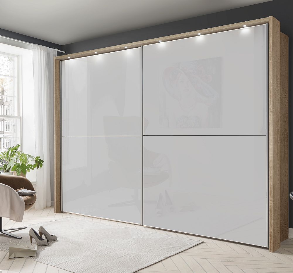 Wiemann Berlin 2 Door Sliding Wardrobe In Oak And White Glass W 300cm