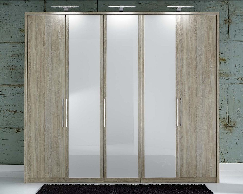 Wiemann Berlin 5 Door Wardrobe In Oak And White Glass W 250cm