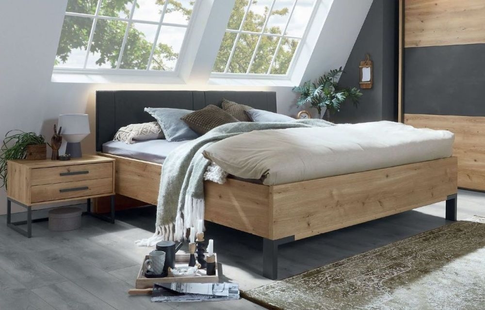 Wiemann Breda Bianco Oak Bed With Upholstered Anthracite Cushion Headboard