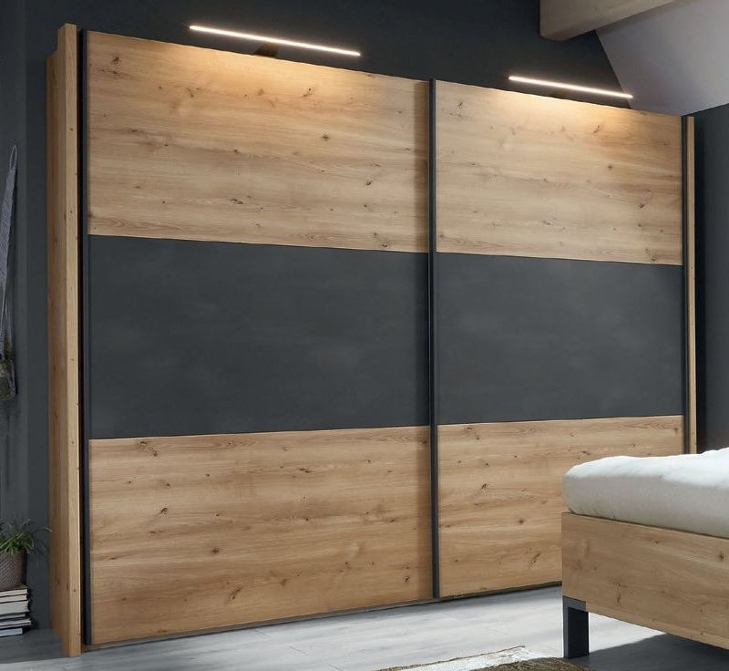 Wiemann Breda Bianco Oak 2 Door Sliding Wardrobe With Slate Highlight Colour 200cm