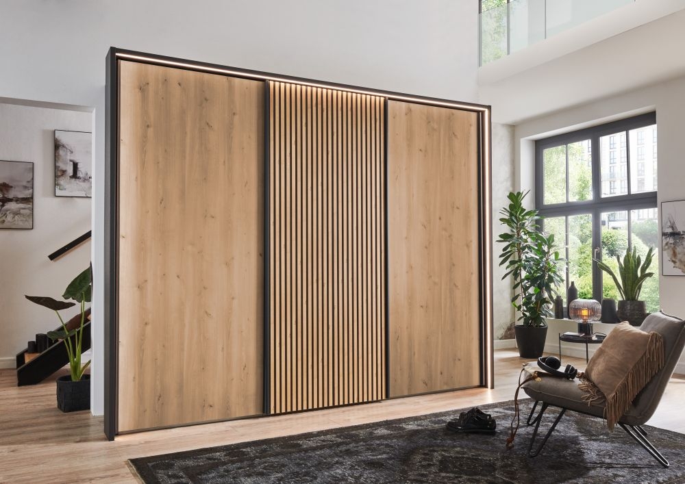 Wiemann Denver Sliding Wardrobe In Bianco Oak Decking