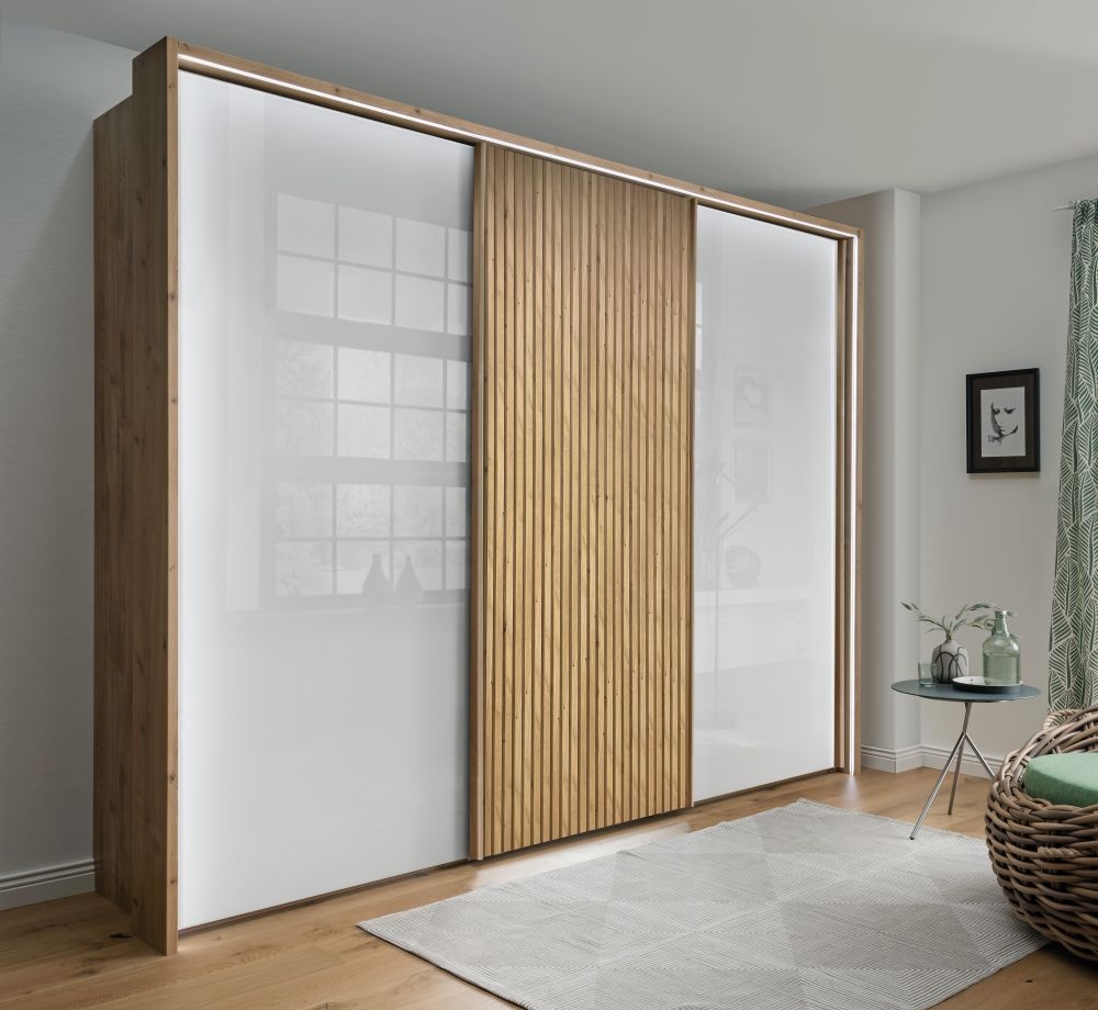 Wiemann Denver Sliding Wardrobe In Glass Front And Bianco Oak Decking