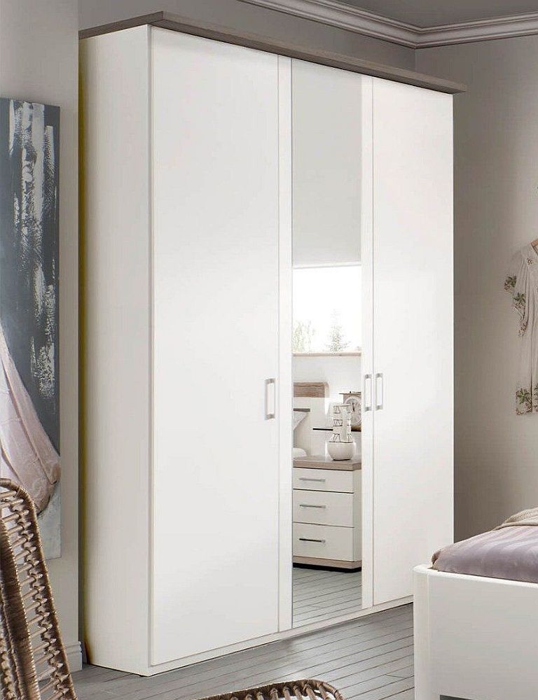 Wiemann Jura White 3 Door Wardrobe With 1 Mirror Front And Dark Rustic Oak Cornice 150cm