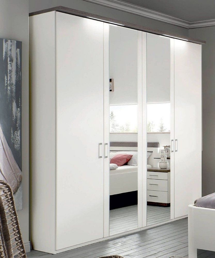 Wiemann Jura White 4 Door Wardrobe With 2 Mirror Front And Dark Rustic Oak Cornice 200cm