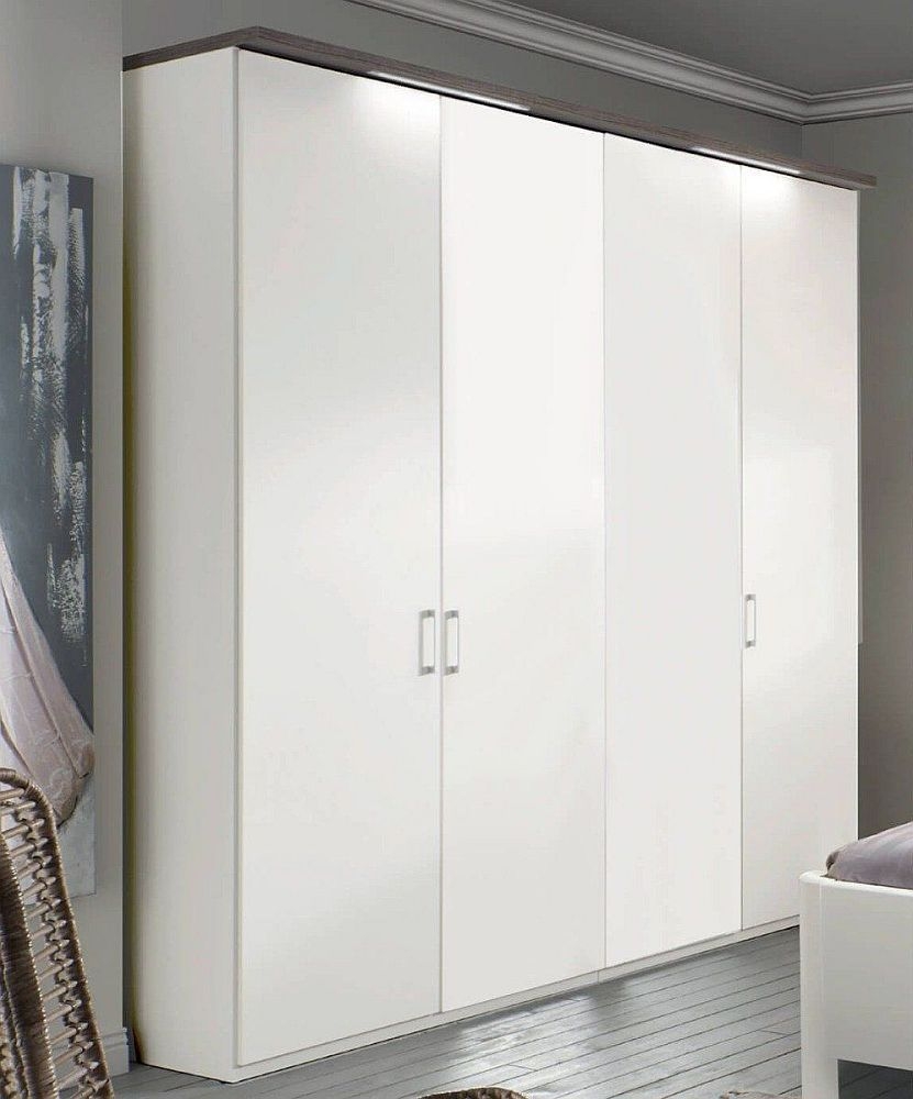 Wiemann Jura White 4 Door Wardrobe With Dark Rustic Oak Cornice 200cm