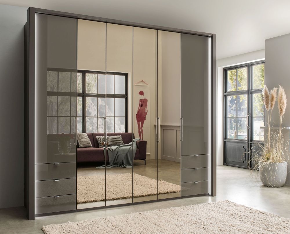 Wiemann Kansas 6 Door Bifold Combi Wardrobe In Havana Glass W 250cm