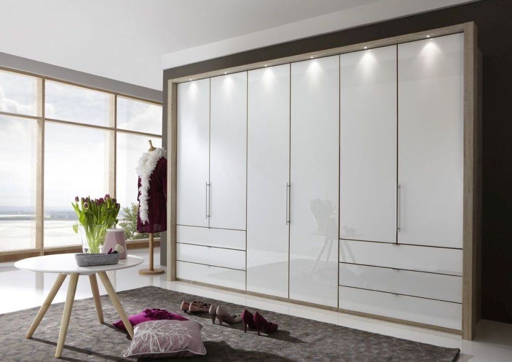 Wiemann Loft 6 Door 6 Drawer Bi Fold Wardrobe In Oak And Pebble Grey Glass W 300cm