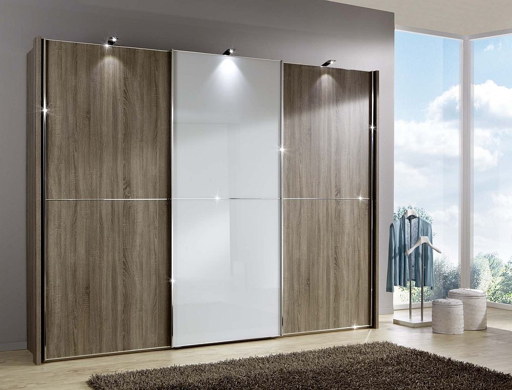 Wiemann Miami2 3 Door Sliding Wardrobe In Oak And White Glass W 300cm