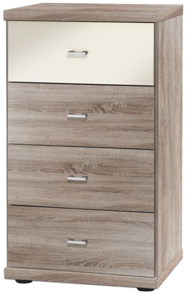 Wiemann Miro 4 Drawer Magnolia Glass Top Drawer Bedside Cabinet In Dark Rustic Oak With Chrome Handle