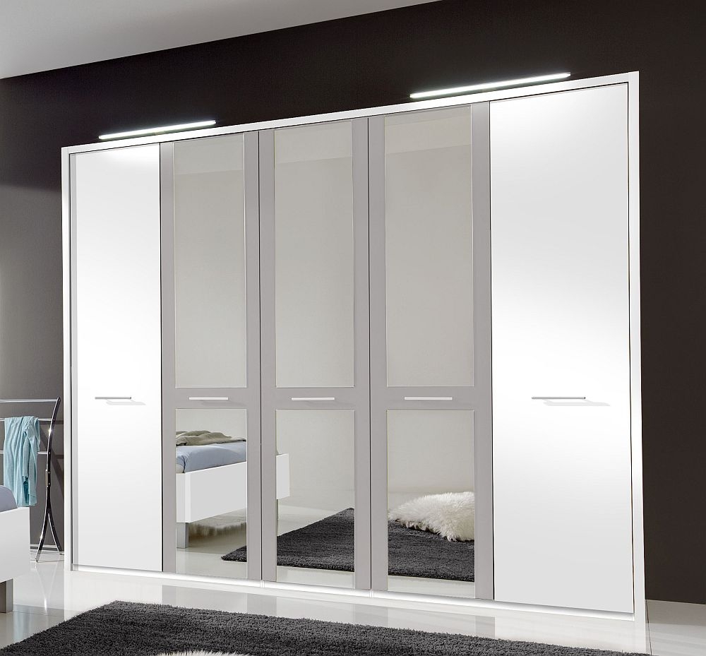 Wiemann Portland 5 Door Mirror Wardrobe In White And Pebble Grey W 250cm