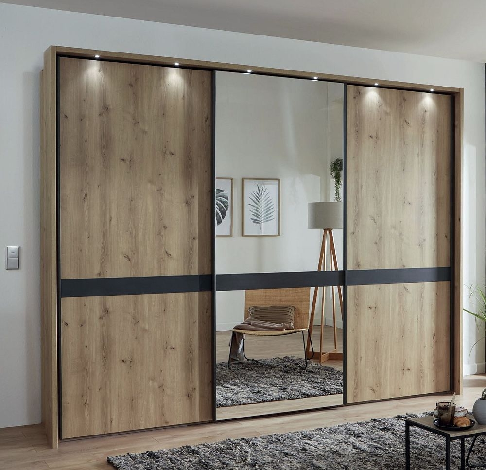 Wiemann Rialto Bianco Oak 3 Door Sliding Wardrobe With 1 Mirror Front And Slate Cross Trim 280cm