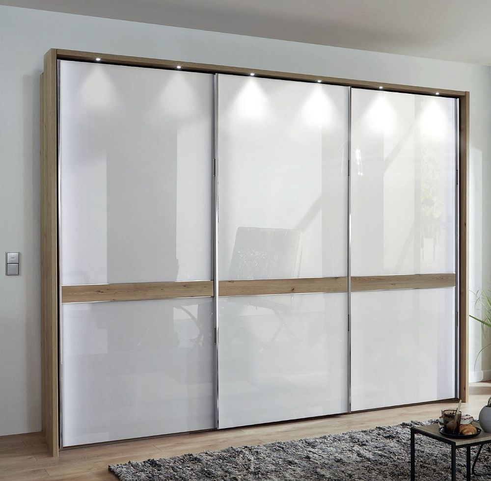 Wiemann Rialto Bianco Oak And White Glass 3 Door Sliding Wardrobe With Slate Cross Trim 280cm