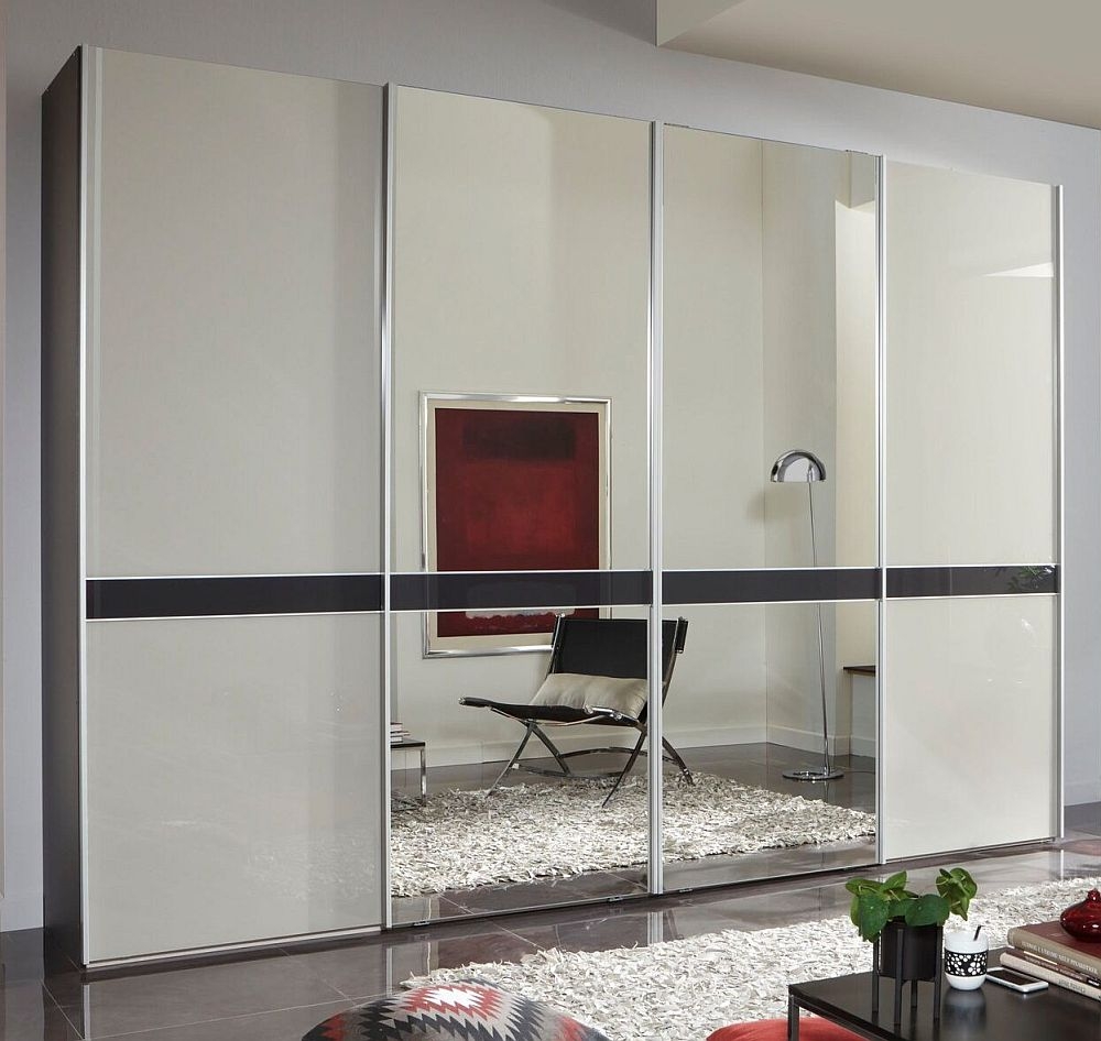 Wiemann Rialto Graphite And White Glass 4 Door Sliding Wardrobe With 2 Mirror Front And Graphite Cross Trim 300cm