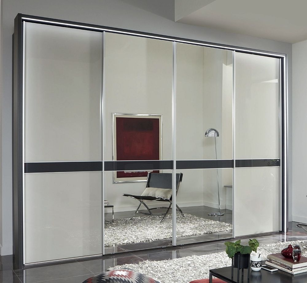 Wiemann Rialto Graphite And White Glass 4 Door Sliding Wardrobe With 2 Mirror Front And Graphite Cross Trim 330cm