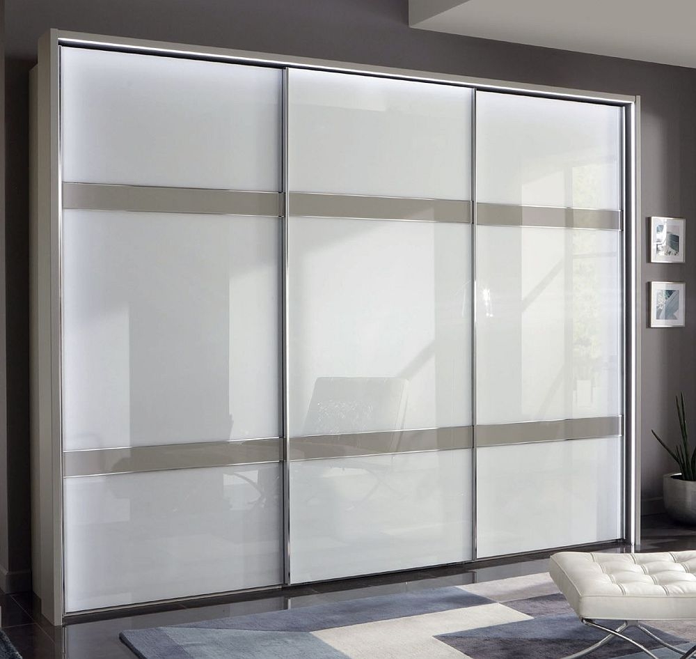 Wiemann Rialto Pebble Grey And White Glass 3 Door Sliding Wardrobe With 2 Pebble Grey Cross Trim 250cm