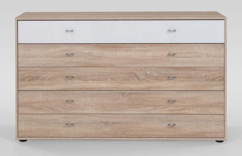 Wiemann Tokio 5 Drawer White Glass Top Drawer Bedside Cabinet In Rustic Oak With Chrome Handle