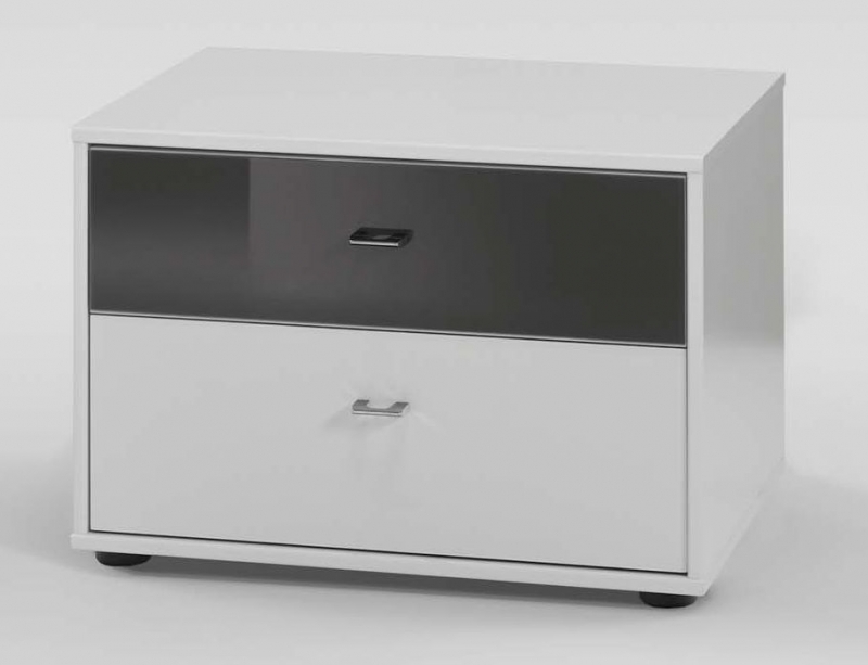 Wiemann Tokio 2 Drawer Black Glass Top Drawer Bedside Cabinet In White With Chrome Handle