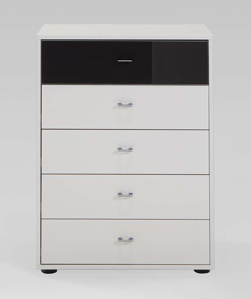 Wiemann Tokio 5 Drawer Black Glass Top Drawer Bedside Cabinet In Champagne With Chrome Handle
