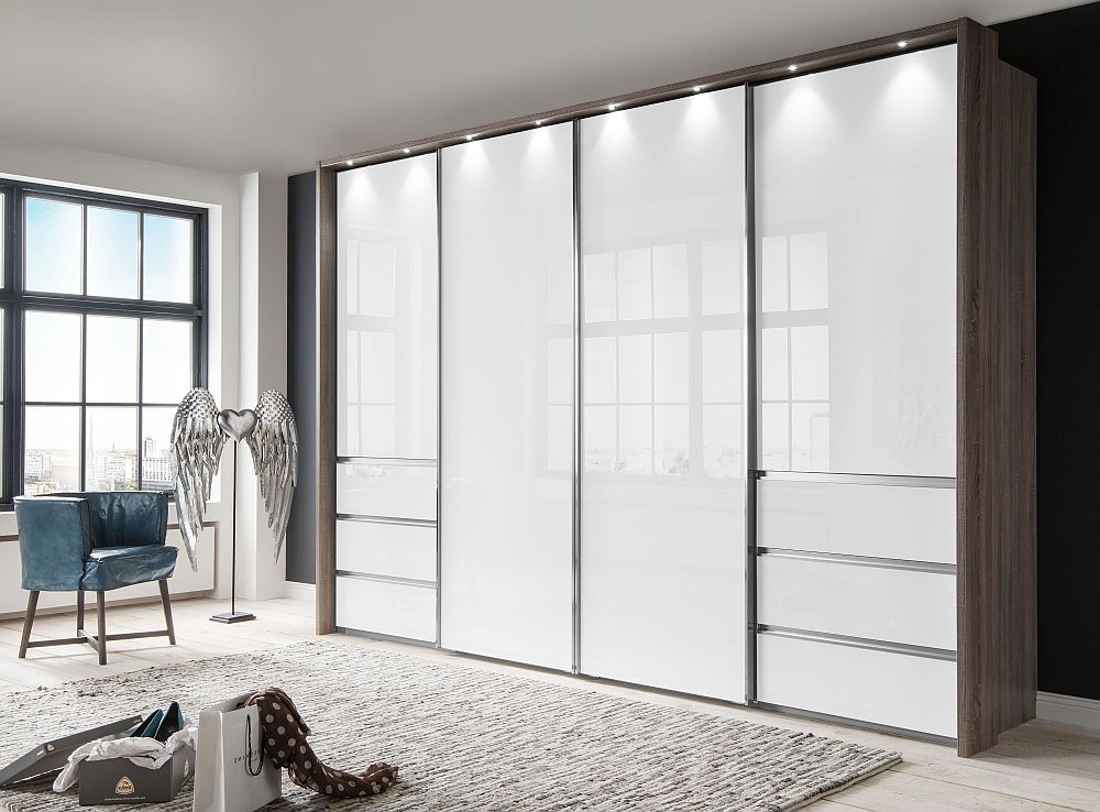 Wiemann Vip Malibu 4 Door Sliding Wardrobe In Oak And White Glass W 330cm