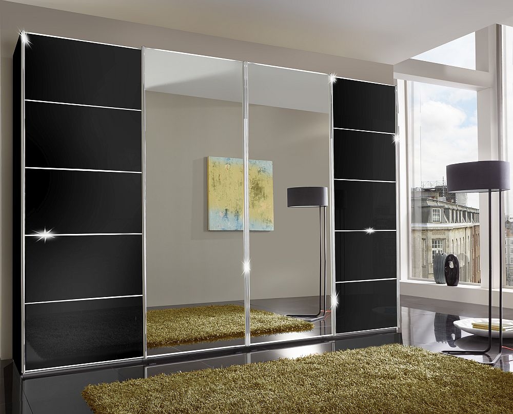 Wiemann Vip Westside 4 Door Mirror Sliding Wardrobe In Black Glass W 330cm